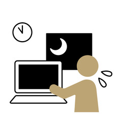 夜遅くまでパソコンで仕事をする疲れた人物を描いた、残業や働きすぎを象徴するビジネスイラスト