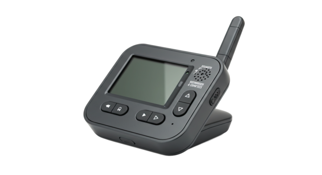 Black handheld device with screen and antenna on white background.