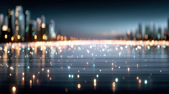 Abstract Dark Blue Bokeh Light Reflections on Shiny Surface with Blurry Cityscape Background and Cinematic Glow