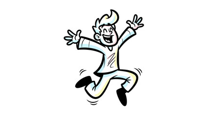 Cartoon Man Jumping with Joy and Excitement, Arms Raised