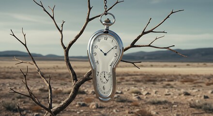A surreal, melted silver pocket watch hanging by a rusty chain from a dry, twisted tree branch