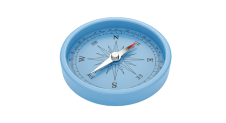 Blue compass showing direction for navigation and orientation on white background.