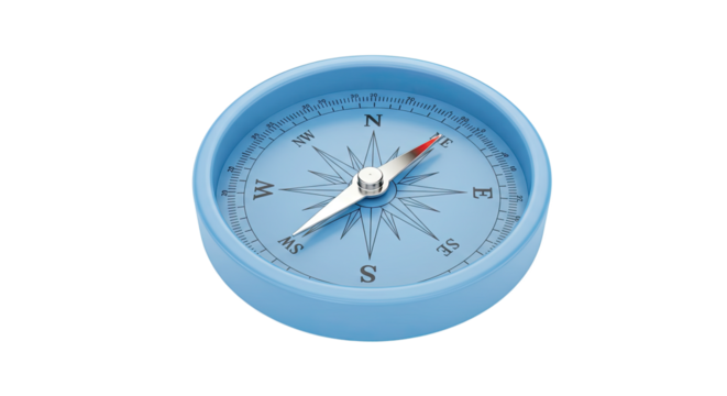 Blue compass showing direction for navigation and orientation on white background.
