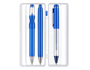 Professional blue pens in a transparent case