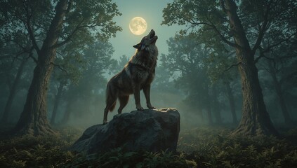 A lone wolf howls dramatically at a luminous full moon amidst a dense, ancient forest, capturing the wild spirit of the night with powerful, evocative detail