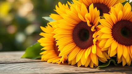 Fototapeta premium A vibrant sunflower arrangement on a rustic wooden surface, radiating warmth and natural beauty.