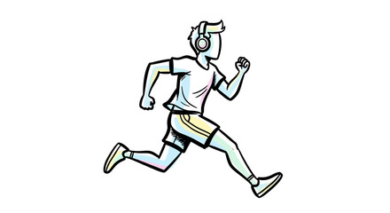 Cartoon Man Running with Headphones, Sketch Style