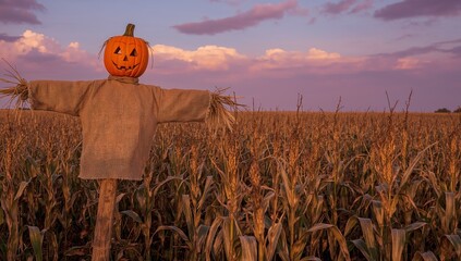 A rustic pumpkin-headed scarecrow with worn burlap stands sentinel over a golden cornfield at sunset, evoking the spirit of autumn and harvest traditions