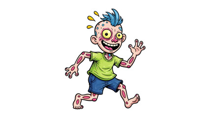 Cartoon Boy Running with Blue Hair and Spots