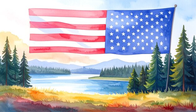 Watercolor American flag over a serene lake landscape