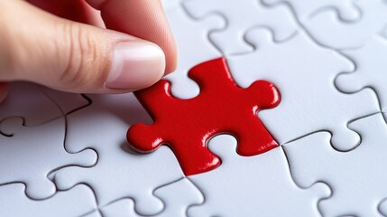 Fototapeta premium Hand Placing Red Puzzle Piece Among White Background Pieces