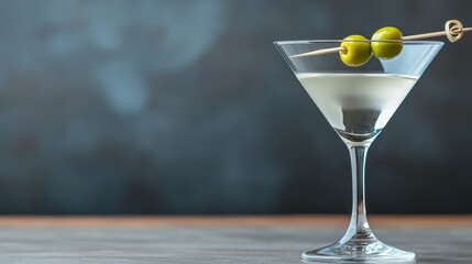 Classic Martini with Green Olives on Wooden Table and Dark Background