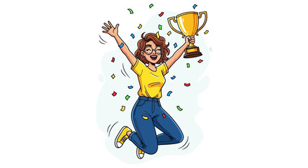 Joyful Woman Jumping with Golden Trophy and Confetti
