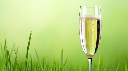 Elegant Champagne Glass with Bubbles in a Lush Green Setting