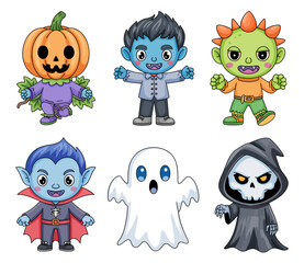 A collection of six cute cartoon Halloween characters including a pumpkin scarecrow, vampire, ghost, grim reaper, and two monsters, isolated on white.