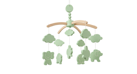 Delicate baby mobile with cute cloud and animal shapes for nursery decor.