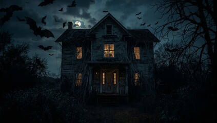 Spooky Haunted House at Night with Bats and Eerie Glow from Windows