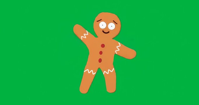 Glitching blue pixels starting gingerbread cookie moving arms, tilting head visualizing animation