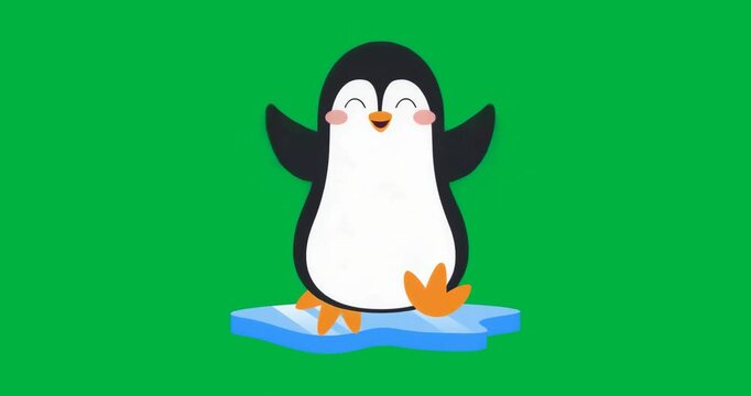 Scene start showing cartoon penguin standing on ice floe featuring seasonal theme on transparent BG