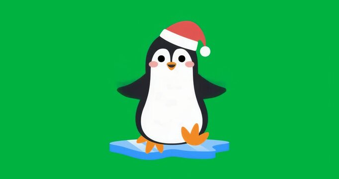 On animation starting, penguin rocking on blue ice floe, waving flippers for festive greeting loop