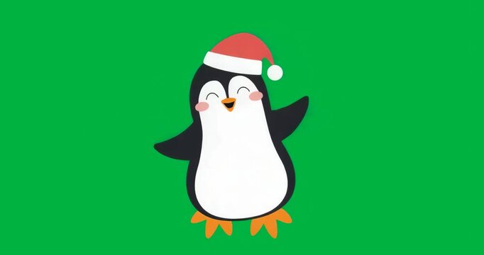 Upon start penguin wearing red Santa hat dancing holiday dance against transparent backdrop