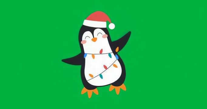 Glitchy aura flickering causing penguin wearing Santa hat, lights dancing festively on transparent