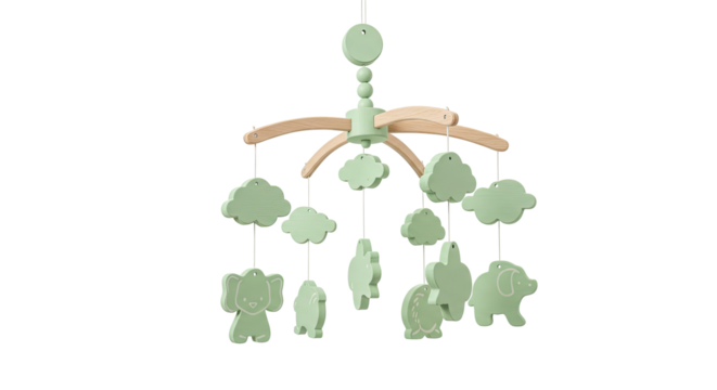 Delicate baby mobile with cute cloud and animal shapes for nursery decor.
