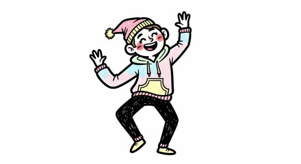 Cheerful Cartoon Boy Dancing with Joy in Colorful Outfit and Hat