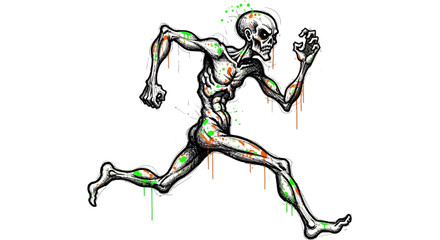 Running Skeletal Figure with Green and Orange Splashes