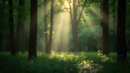 Obraz premium Sunlit Forest Floor: Emerald Green Plants Bathed in Golden Rays
