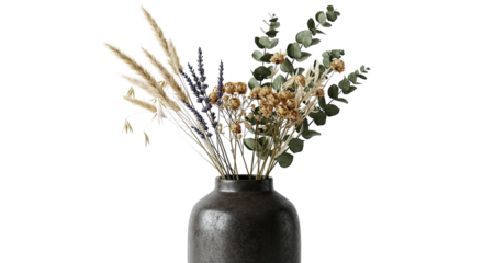 Dried Floral Arrangement in Dark Vase on White Background.