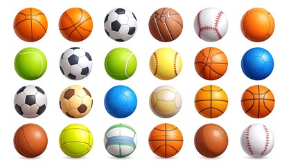 Sport balls arranged in a grid. Collection of diverse spheres
