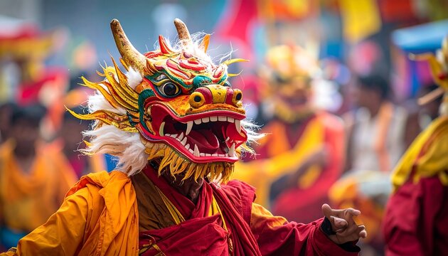 Colorful dragon mask dancer in procession
