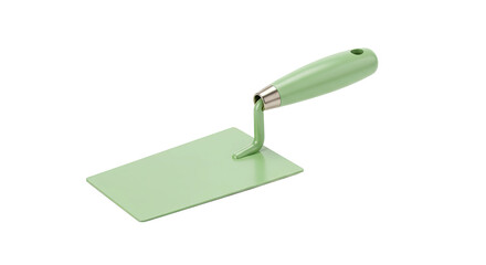 Green trowel tool for construction and building work on white background.