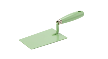 Green trowel tool for construction and building work on white background.