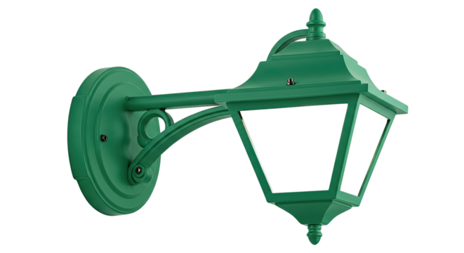 Green Outdoor Wall Lantern with Ornate Design.