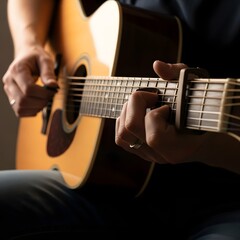 Hands strumming acoustic guitar on lap, wood grain visible, soft side lighting.