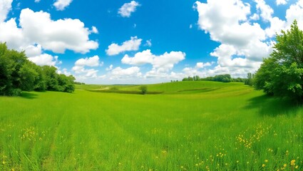 Obraz premium Vast green meadow under a bright blue sky with fluffy white clouds