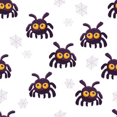 Vector seamless Halloween pattern with spiders and spider webs. Perfect for textile, wrapping paper, cards, invitations, posters, stickers, banners, packaging and festive decoration