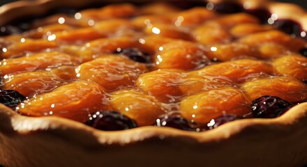 Apricot and black currant tart close up