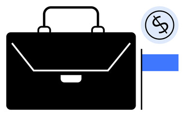 Black briefcase with a handle, stylized dollar coin, and blue rectangle accent. Ideal for finance, professionalism, career growth, corporate management, entrepreneurship, investment simple flat