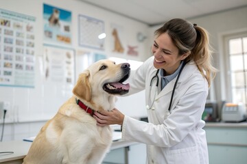 Happy female veterinarian petting a golden retriever in a vet clinic