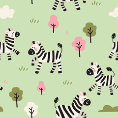 Seamless Cute Zebra Pattern with Trees and Clouds on Green Background 