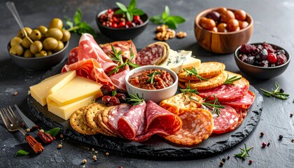 A slate platter laden with cured meats, cheeses, olives, crackers, and fruit preserves