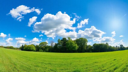 Obraz premium Vast green meadow under a bright blue sky with fluffy white clouds