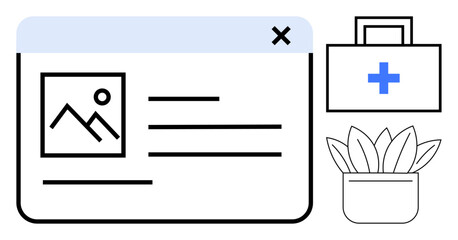 Digital document with photo preview and text alongside a first aid kit and a potted plant. Ideal for healthcare apps, patient management, telemedicine, medical portals, wellness platforms, UI