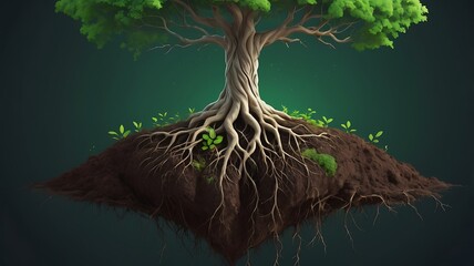 Massive tree with extensive roots, floating above dark backdrop. Lush green leaves, light brown roots, and small green shoots emerge from the earth