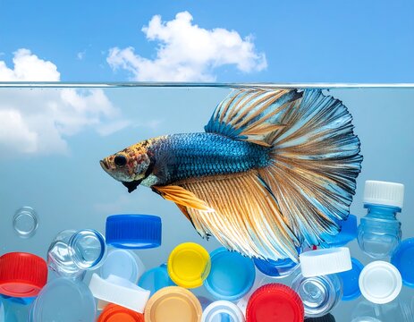 Colorful fish in polluted water