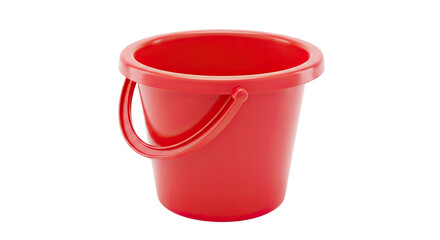 Red plastic bucket with a handle for carrying water or other items.