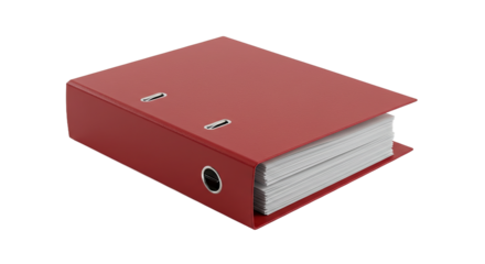 Red Ring Binder with Documents on White Background.